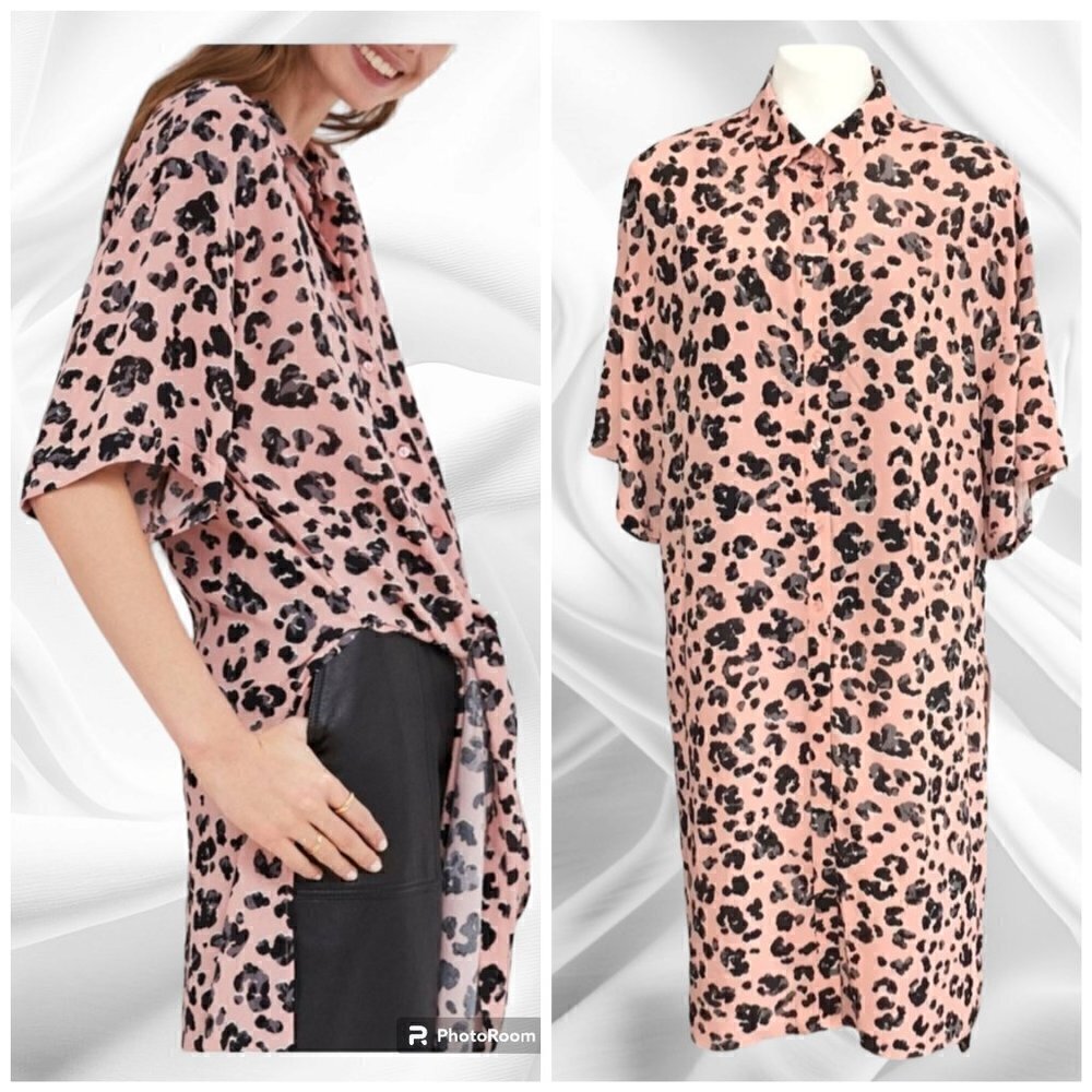 MAEVE Anthropologie Pink Rita Leopard Print Tunic Asymmetrical blouse Size S/M